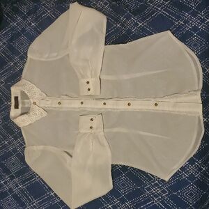 Sheer White Lace Accent Collar Gold Button Long Sleeve Blouse